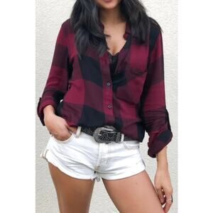 Thread & Supply Burgundy Wine Buffalo Plaid Button Down Blouse Top Small